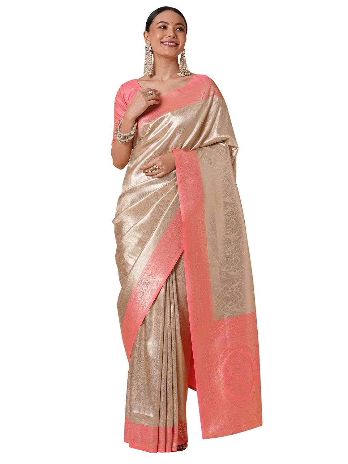 Olive Silk Stars Saree - Cream