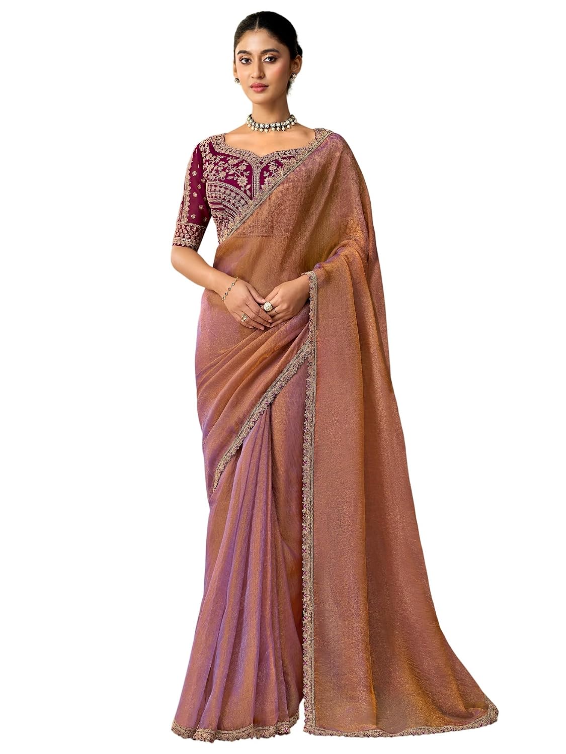 Red Chiffon Ombre Saree - Rose Gold