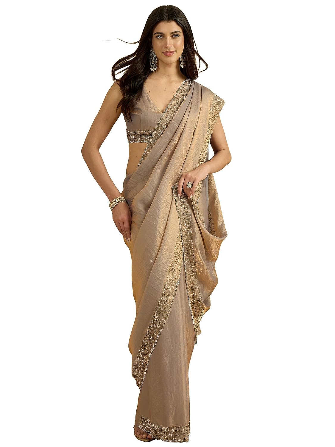 Copper Tissue Floral Saree - Metallic