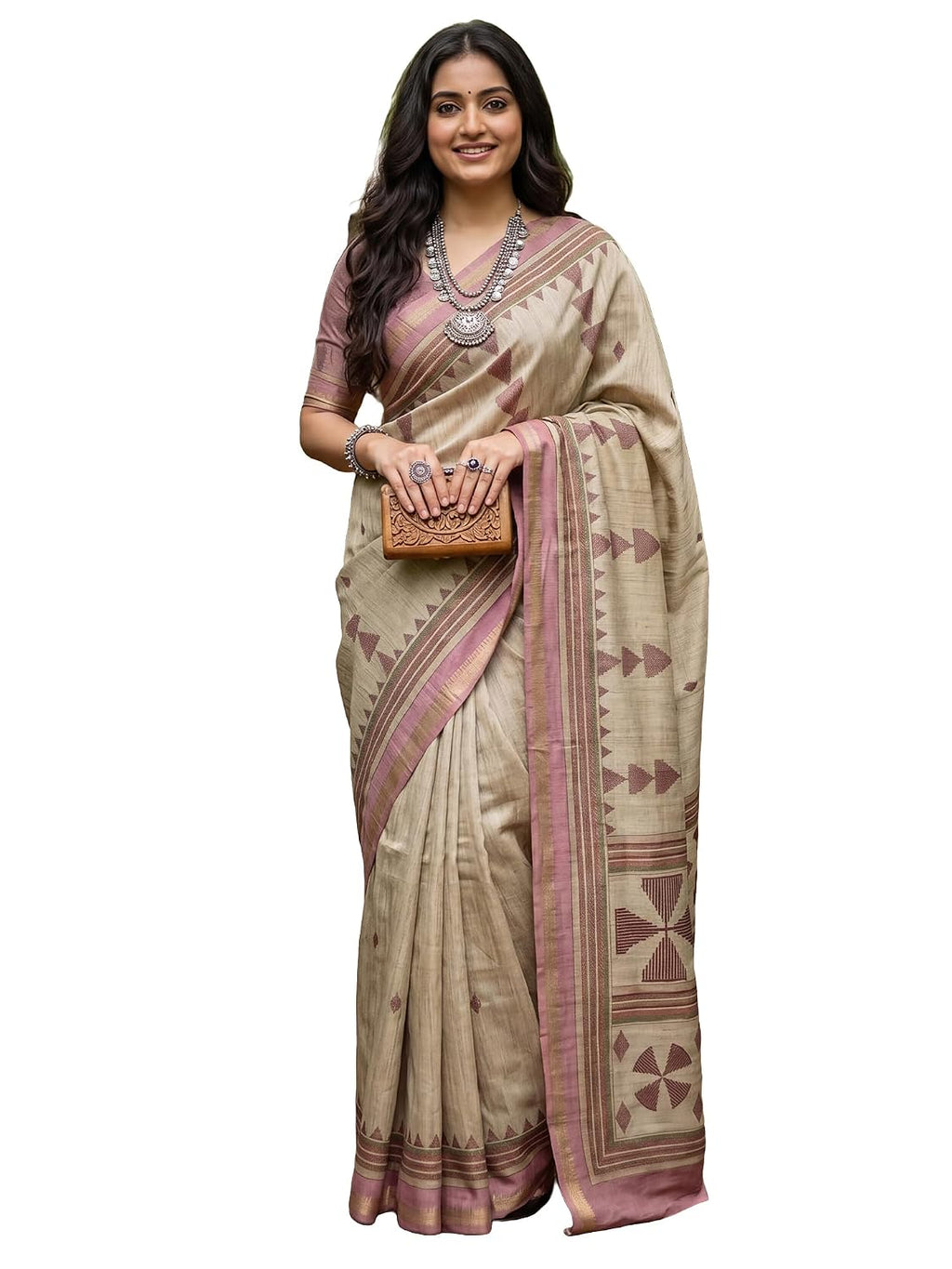 Beige Silk Checkered Saree