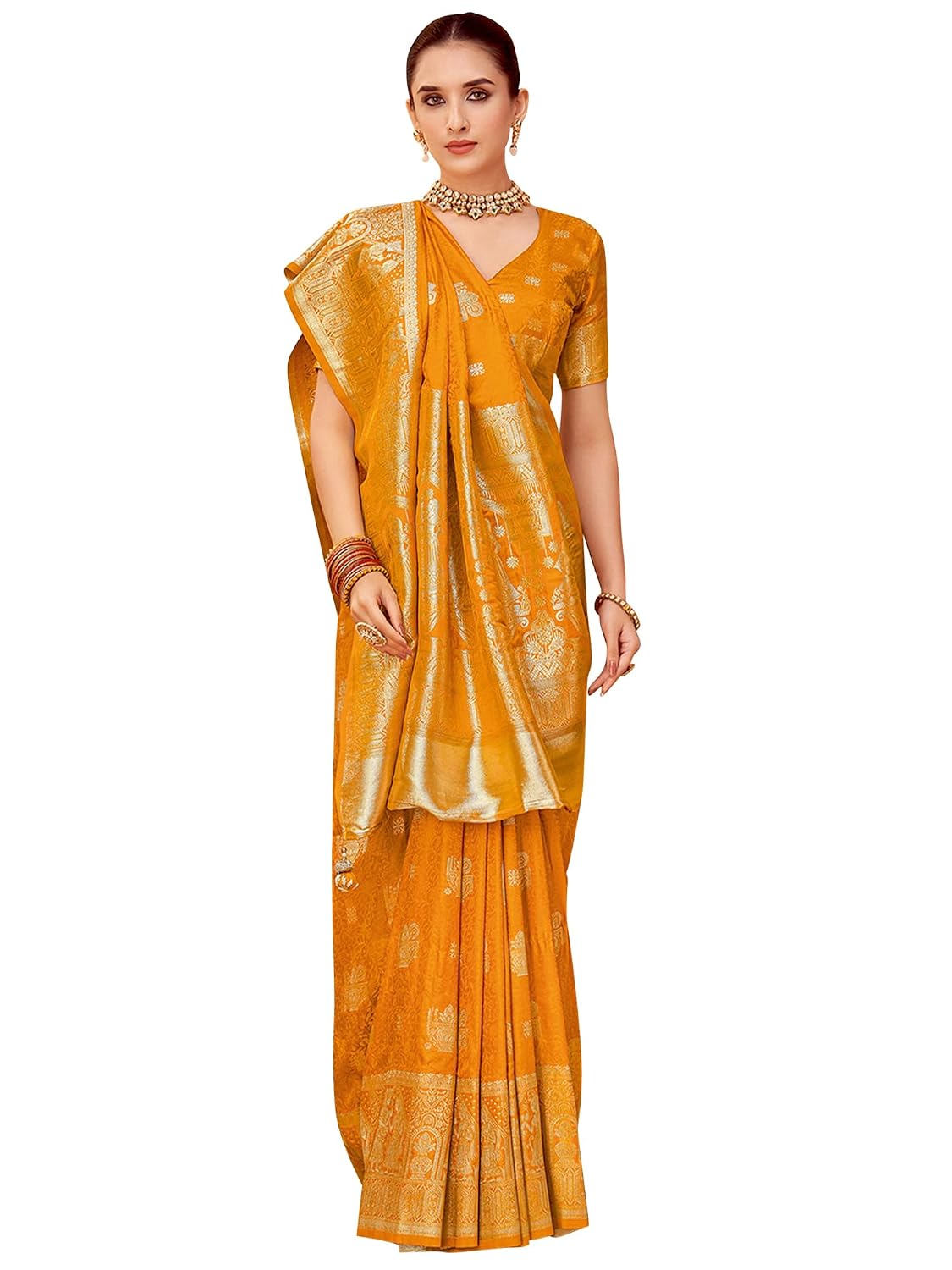 Mustard Satin Floral Saree