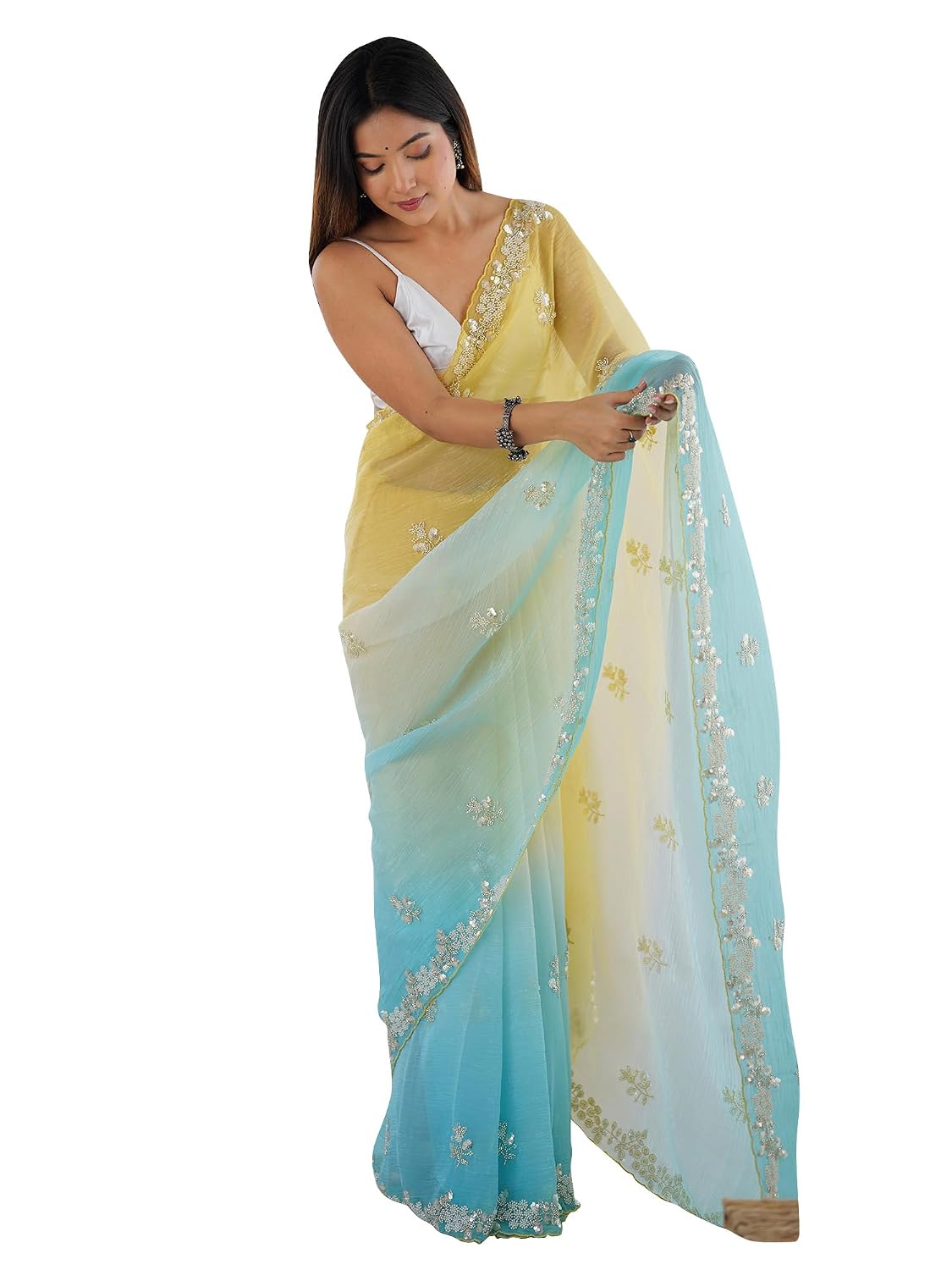 Light Blue Chiffon Floral Saree - Yellow