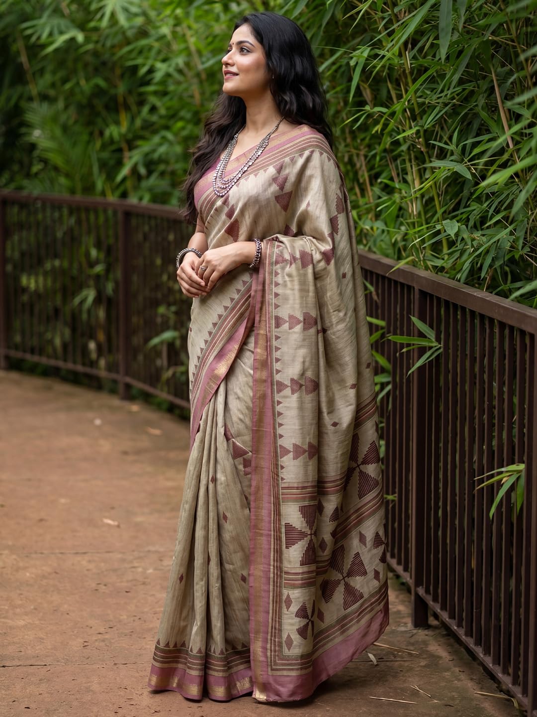 Beige Silk Checkered Saree