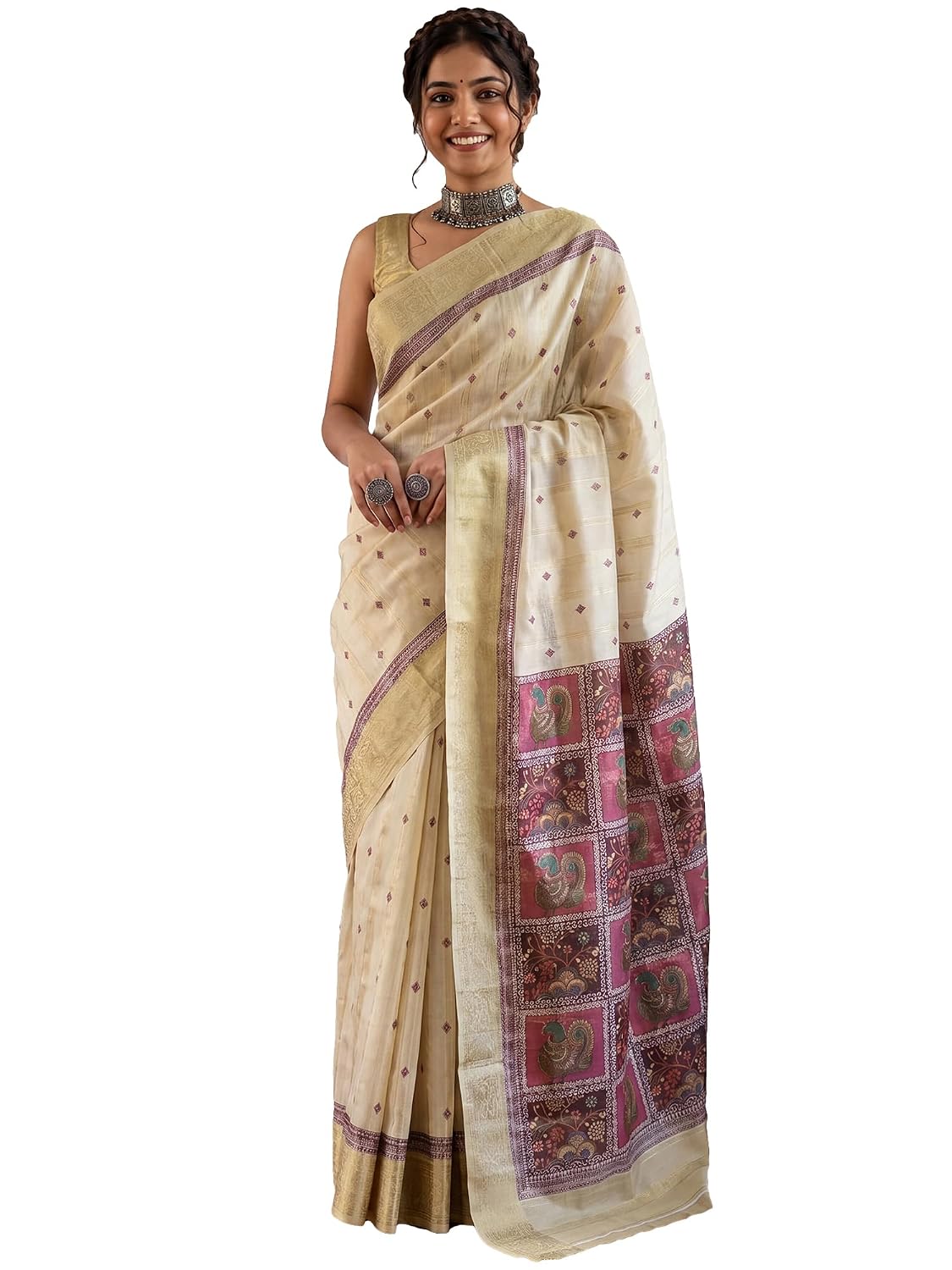 Multicolour Silk Checkered Saree - Yellow