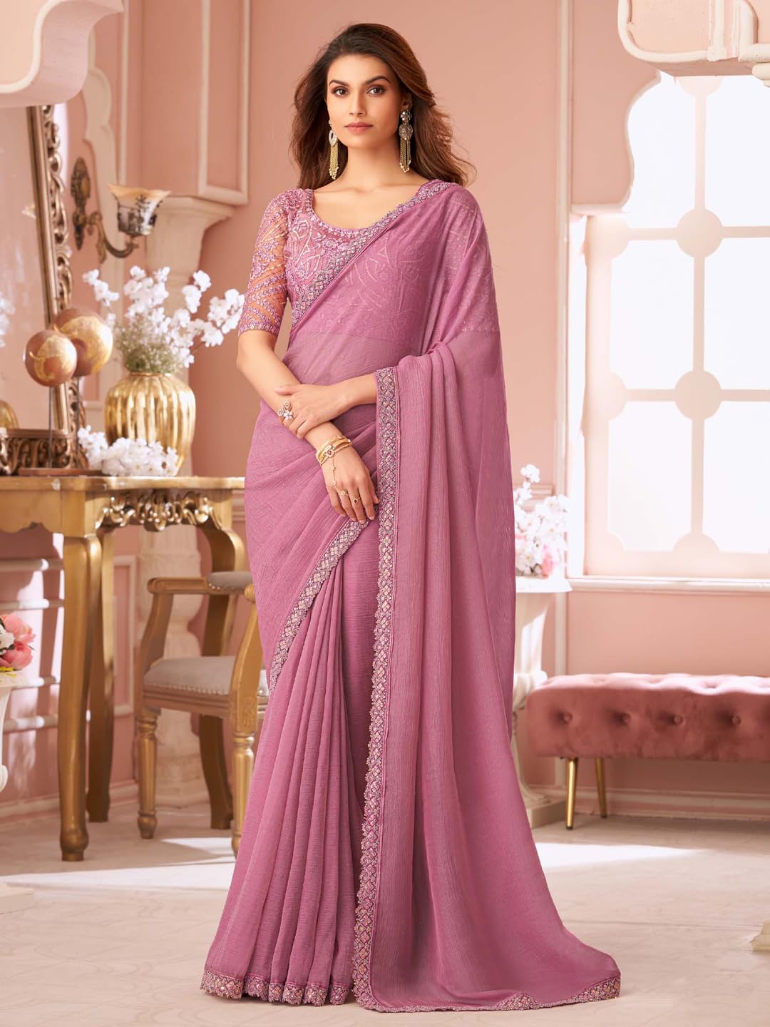 Mauve Georgette Floral Saree