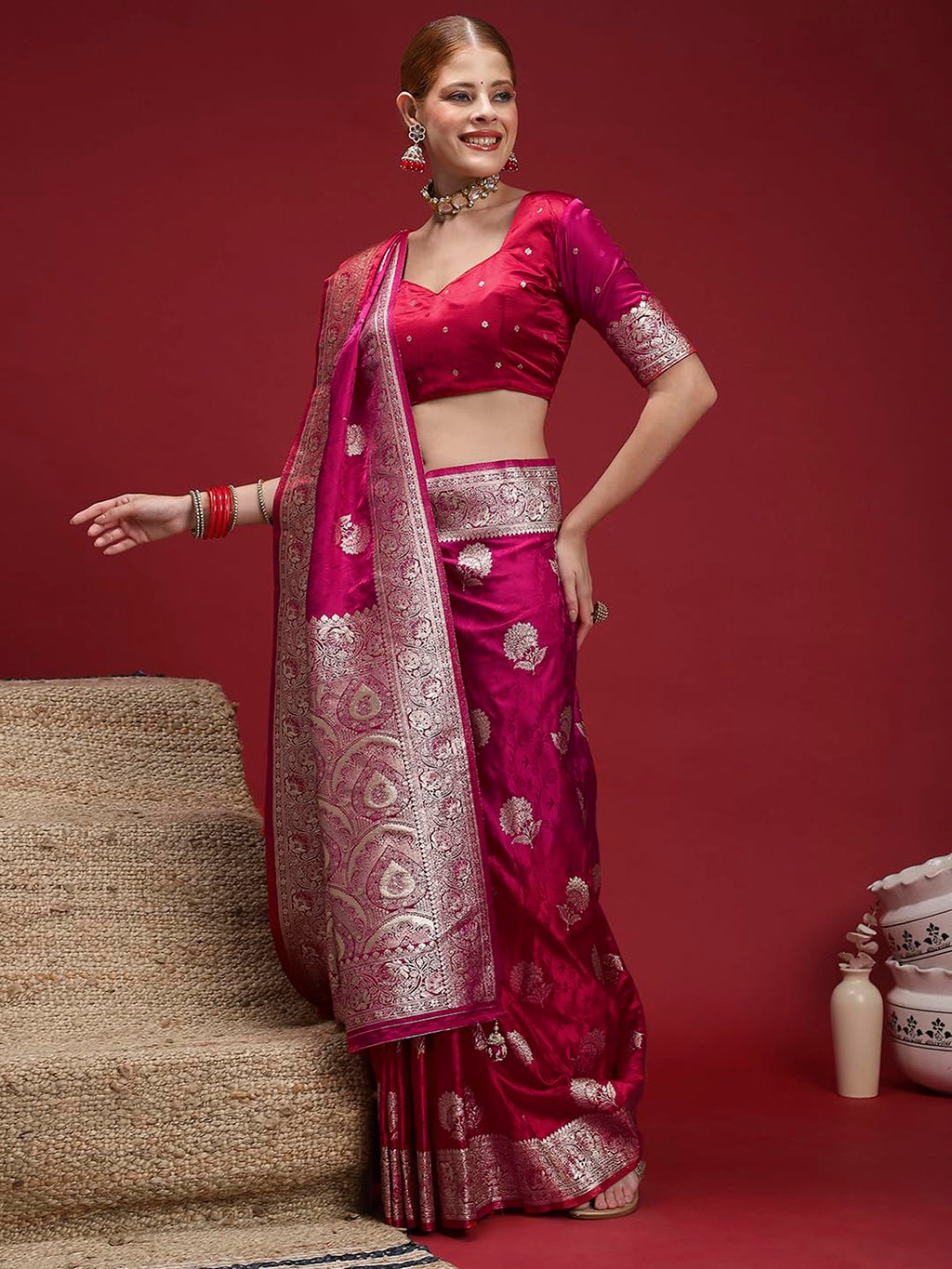 Pink Satin Floral Saree