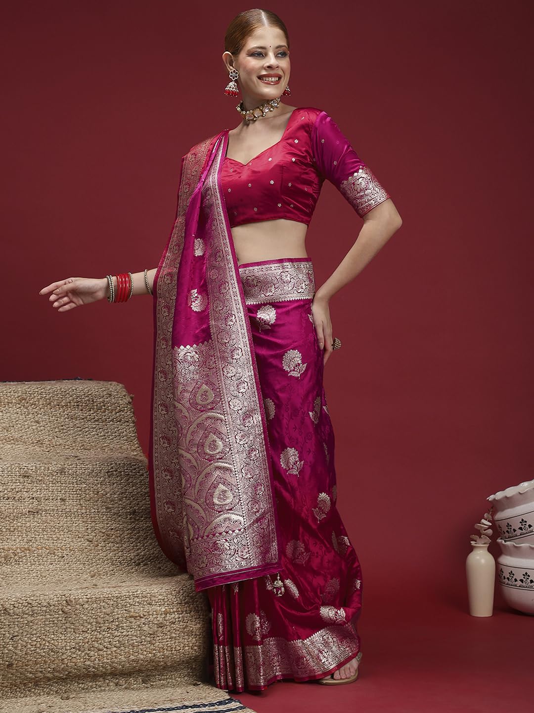 Pink Satin Floral Saree