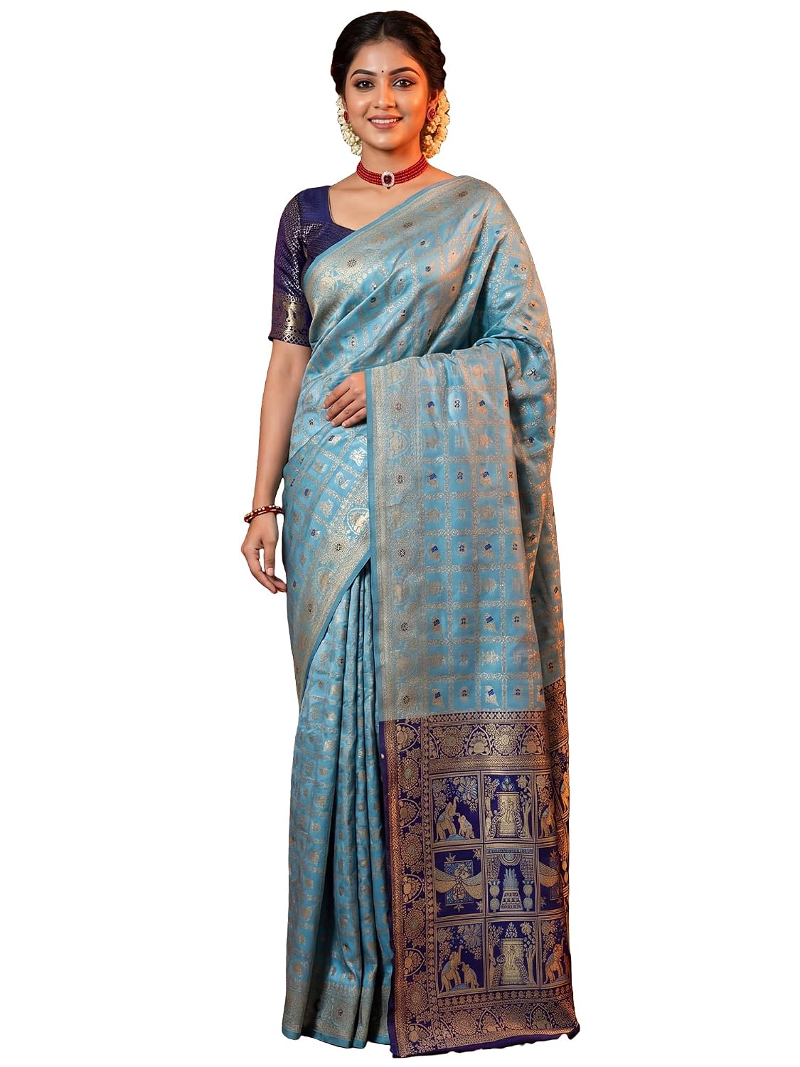 Maroon Banarasi Silk Ethnic Motif Saree - Light Blue