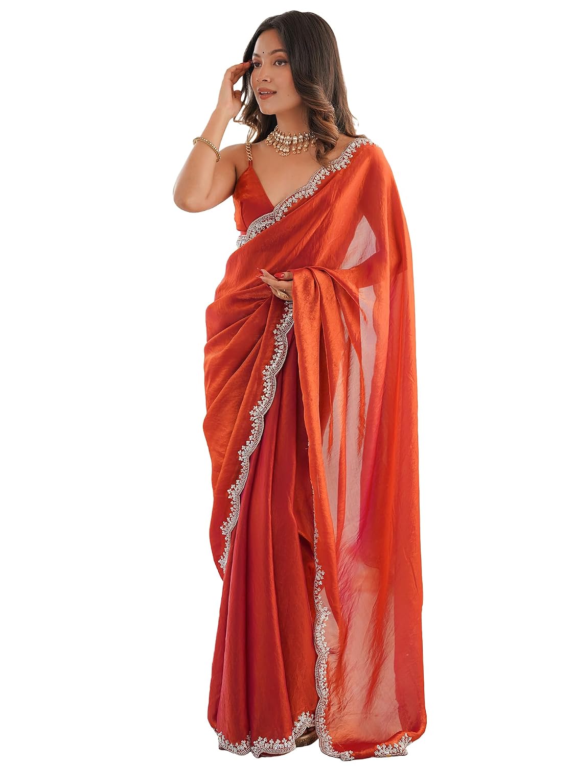 White Satin Solid Saree - Orange