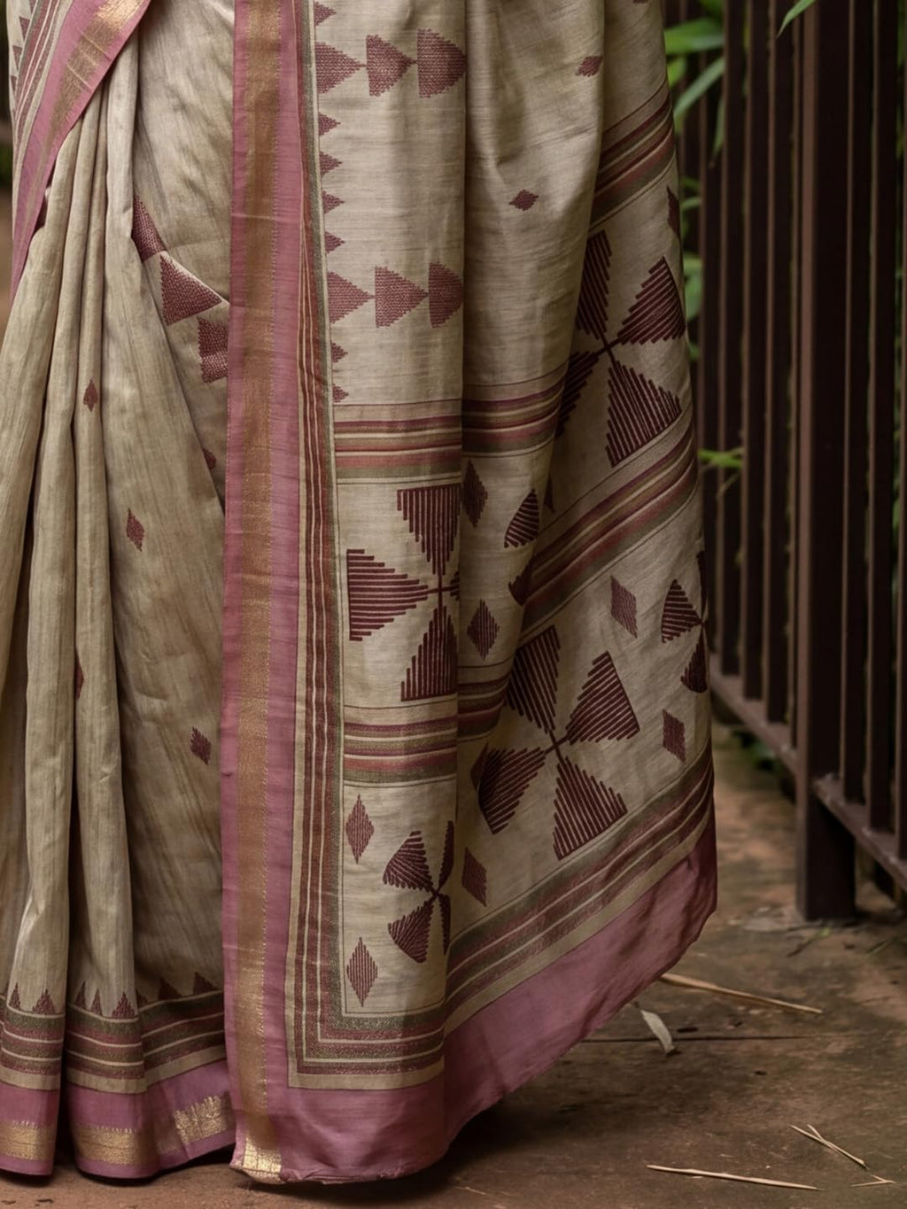 Beige Silk Checkered Saree