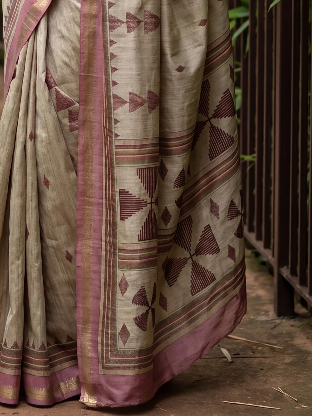 Beige Silk Checkered Saree