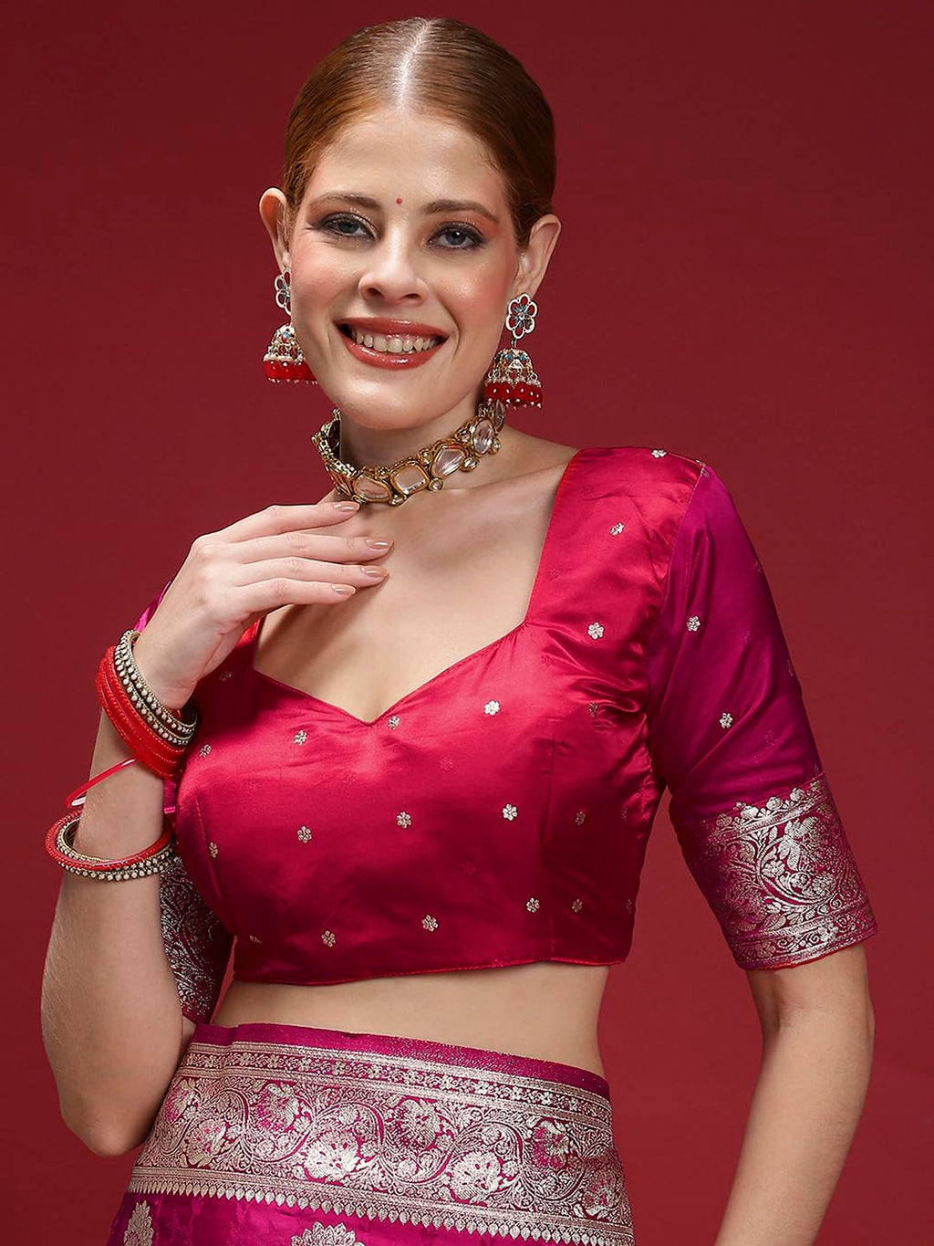 Pink Satin Floral Saree
