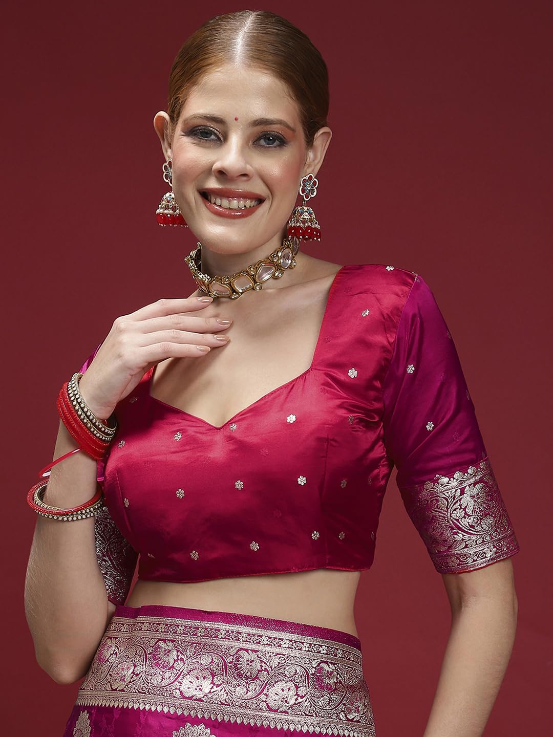 Pink Satin Floral Saree