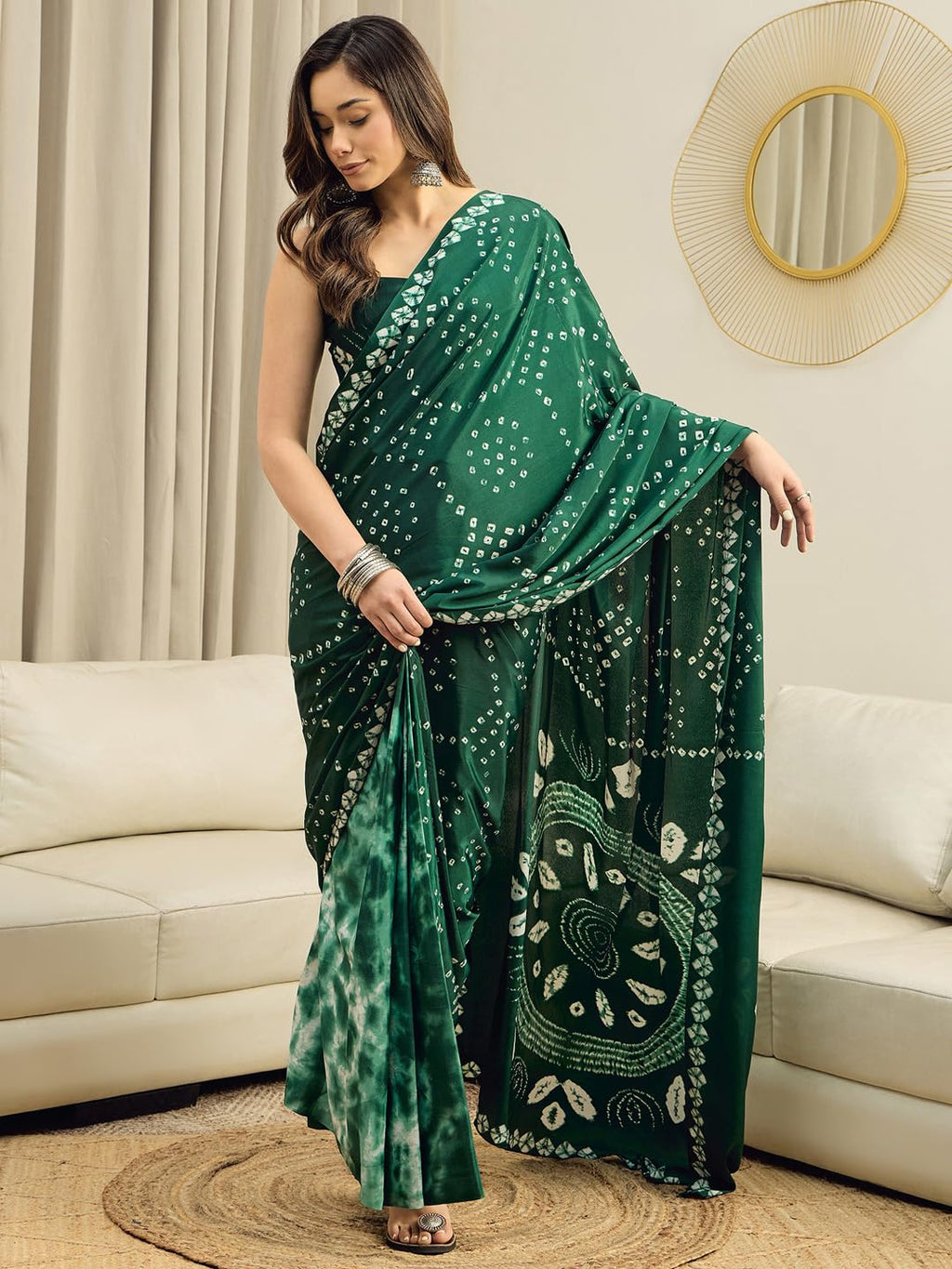Green Crepe Polka Dots Saree