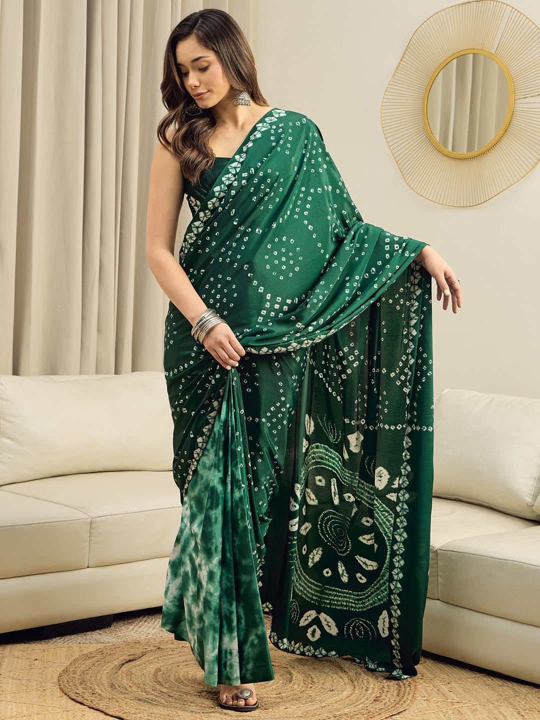 Green Crepe Polka Dots Saree