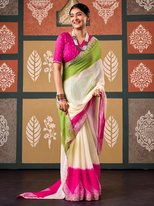 Cream Chiffon Striped Saree