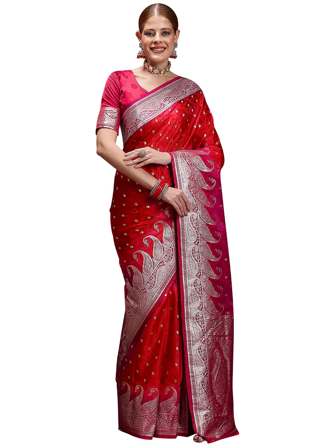 Pink Satin Floral Saree - Red 4