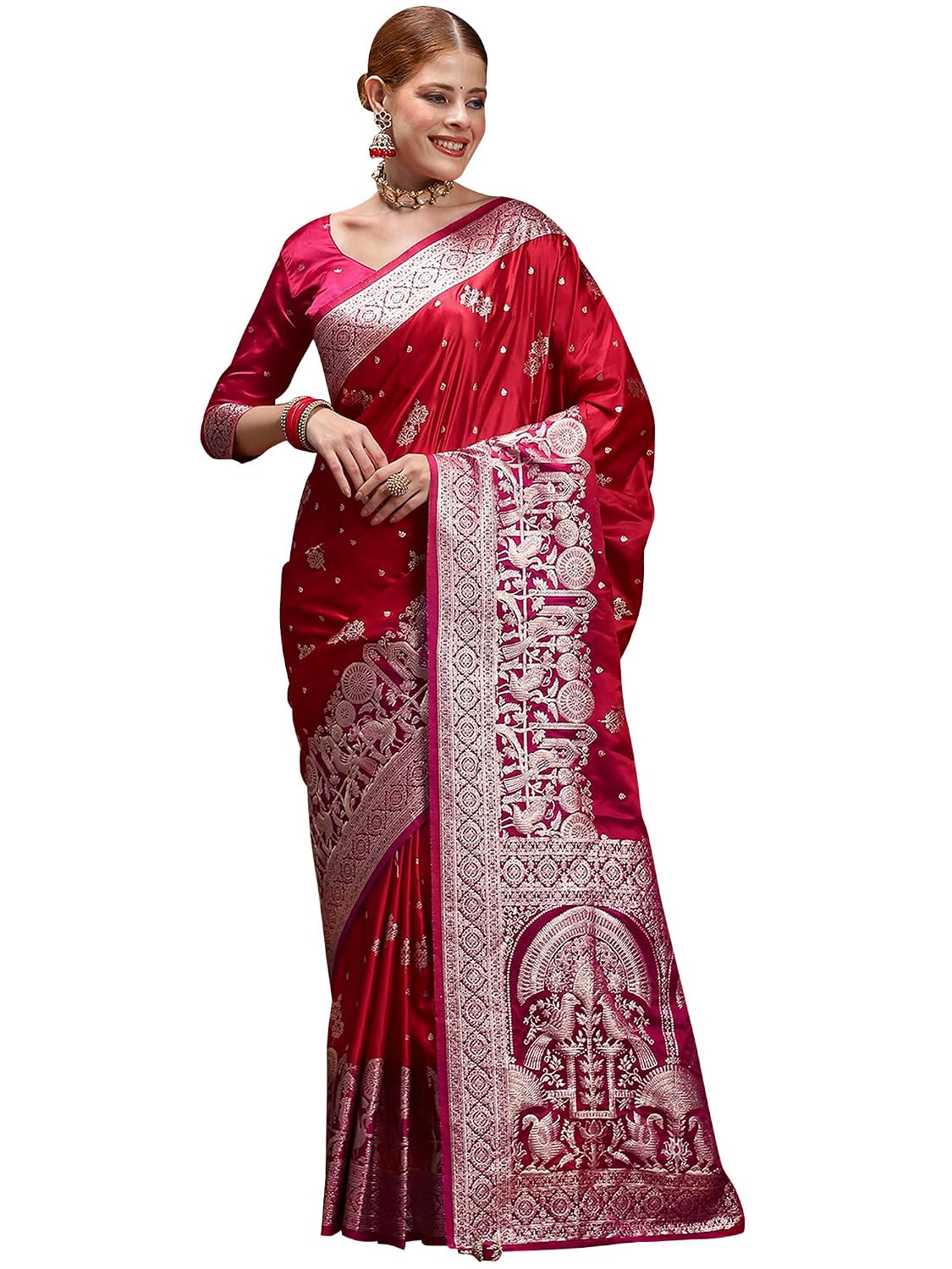 Pink Satin Floral Saree - Red