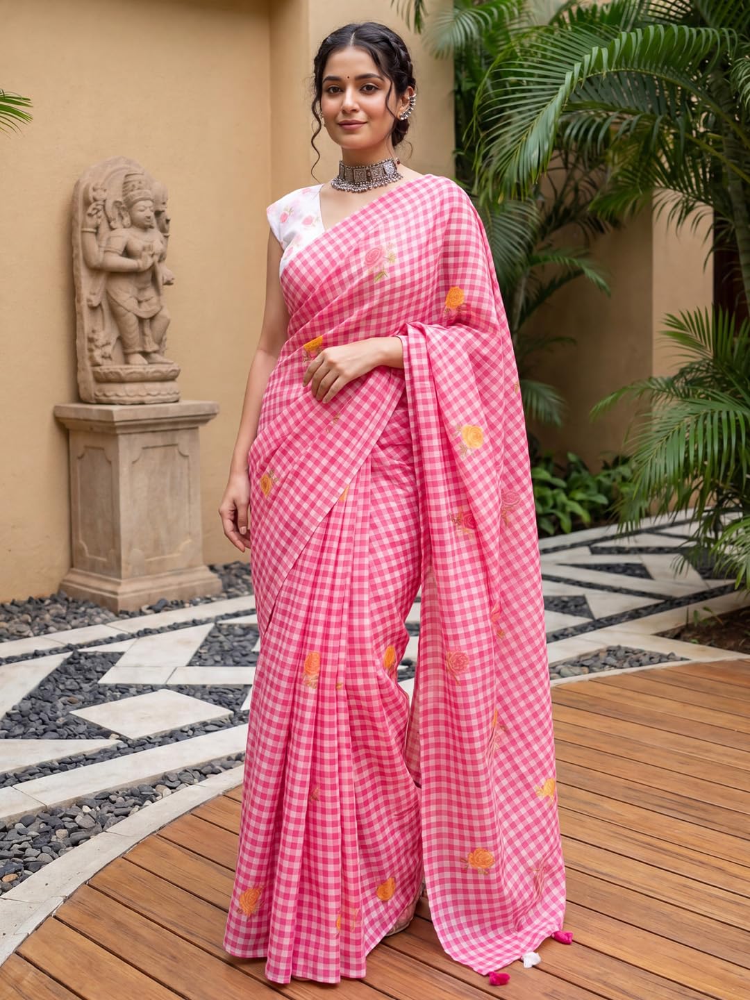 Pink Linen Striped Saree