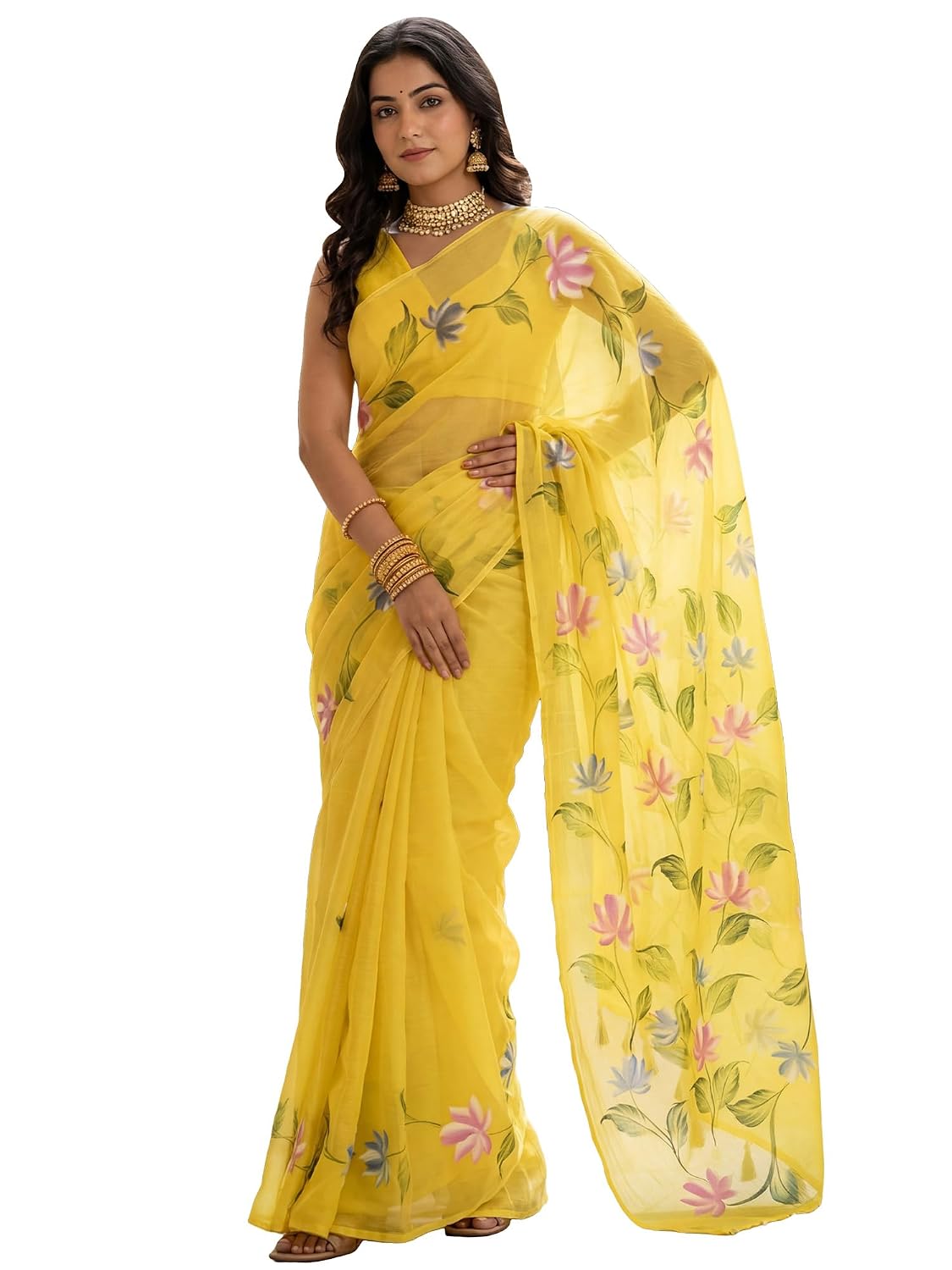 White Chiffon Floral Saree - Yellow 2
