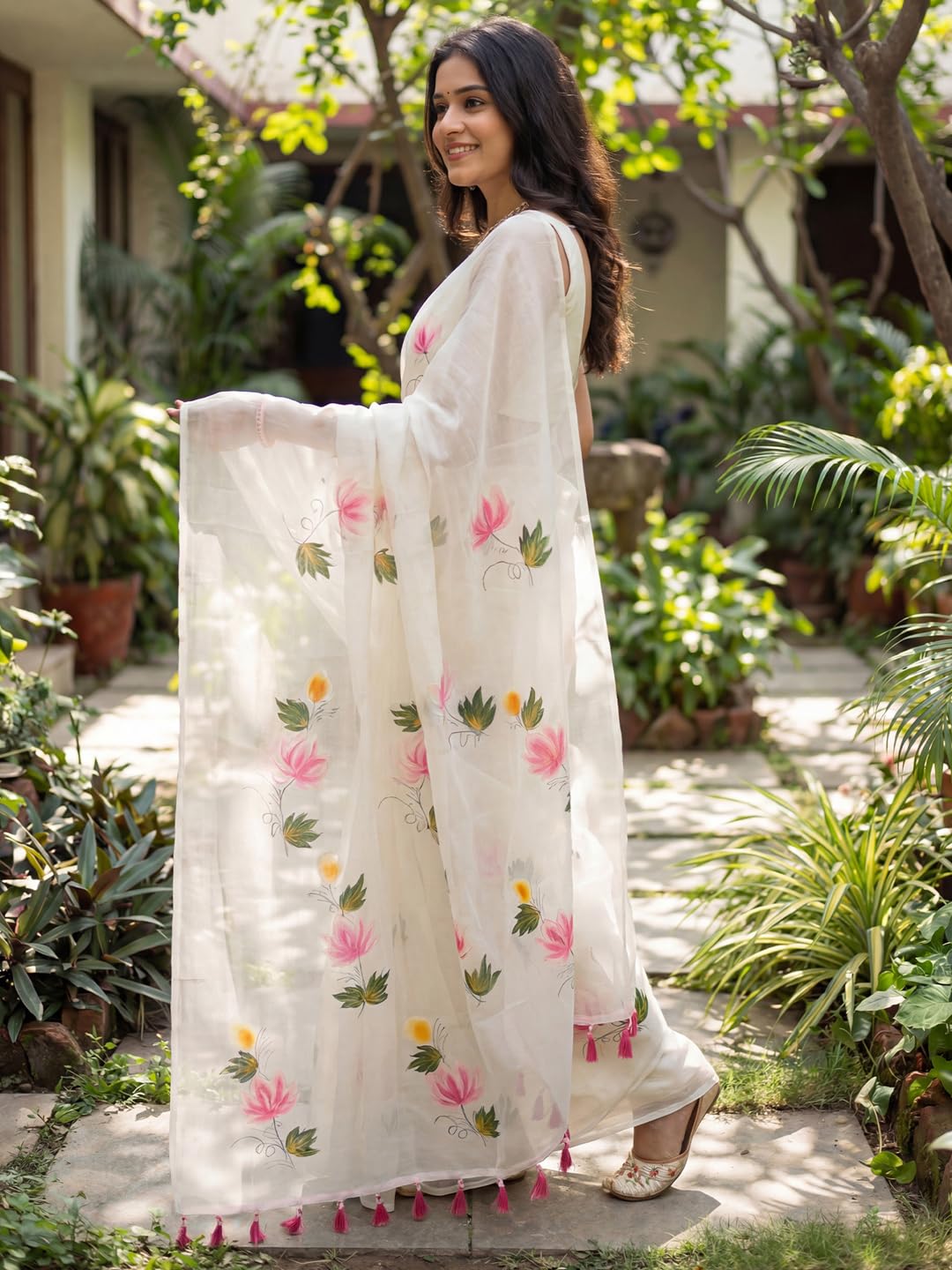White Chiffon Floral Saree