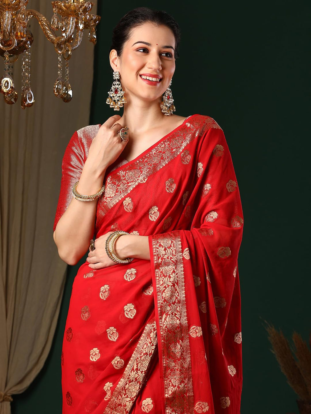 Red Georgette Ethnic Motif Saree