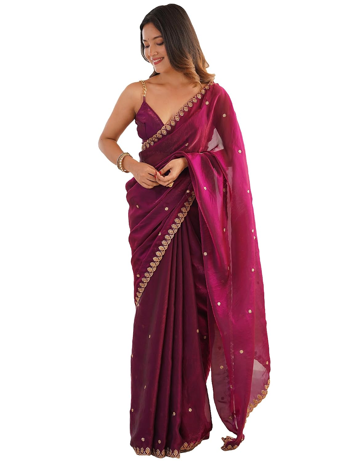 Copper Tissue Floral Saree - Magenta 2