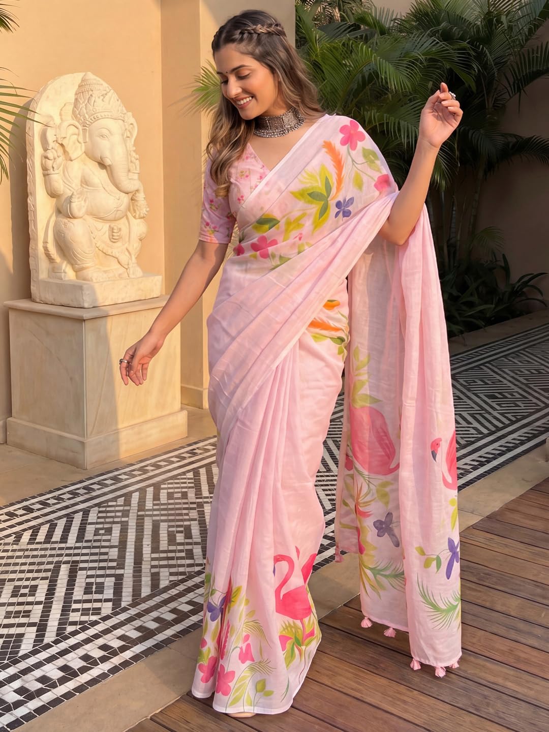 Pink Linen Striped Saree