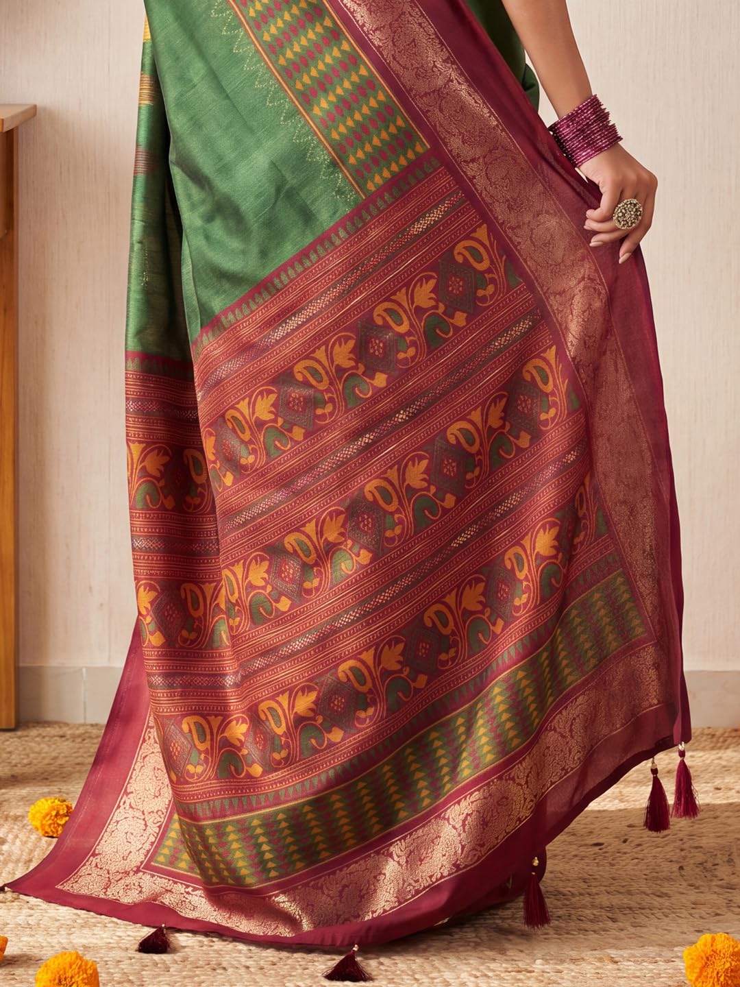 Green Tussar Silk Striped Saree