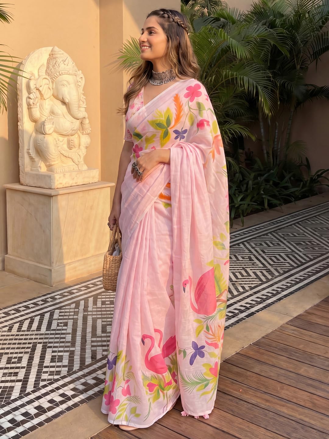 Pink Linen Striped Saree