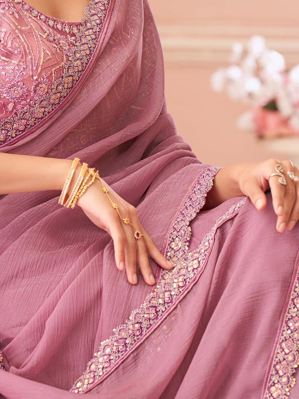 Mauve Georgette Floral Saree