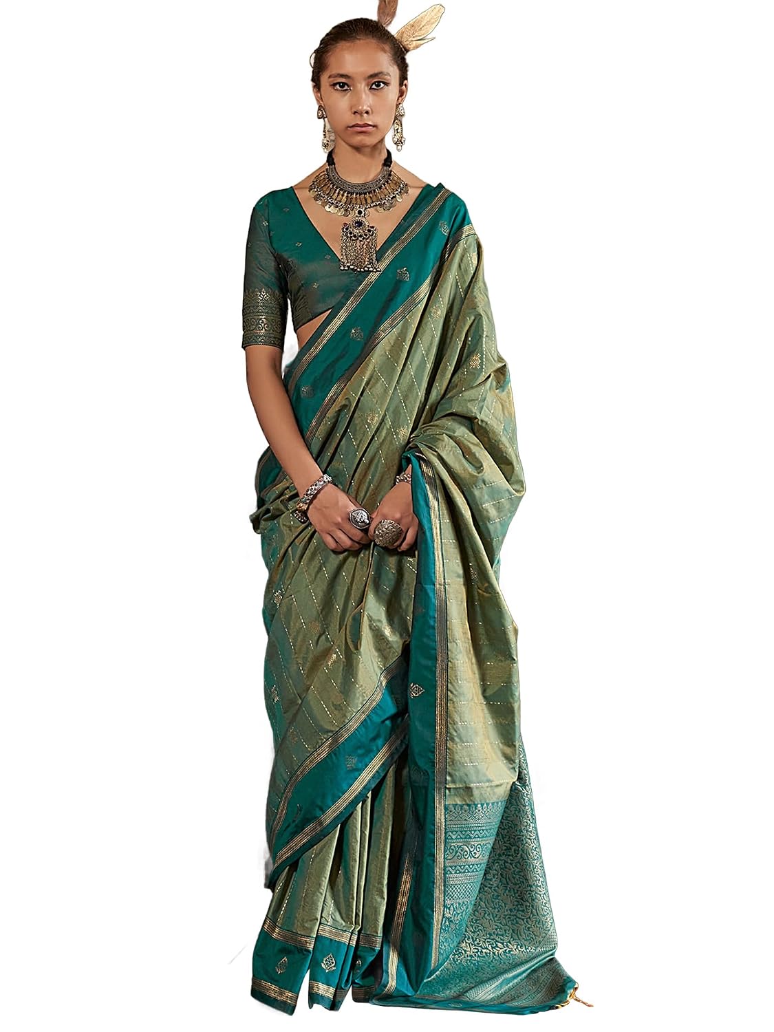 Orange Silk Paisley Saree - Light Green 2