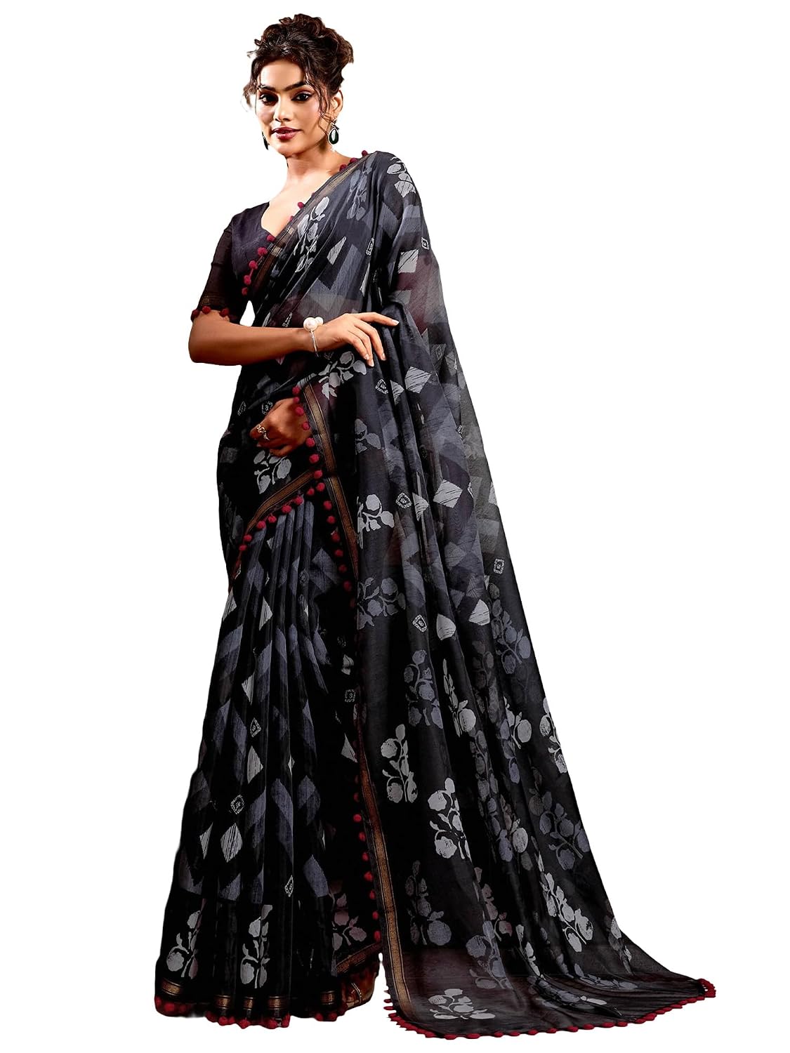 Yellow Cotton Paisley Saree - Black 1.2