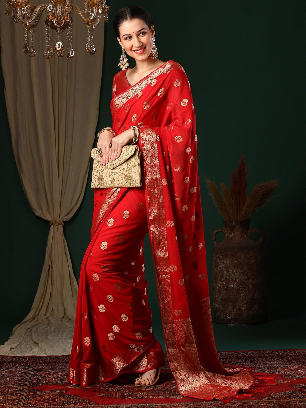 Red Georgette Ethnic Motif Saree