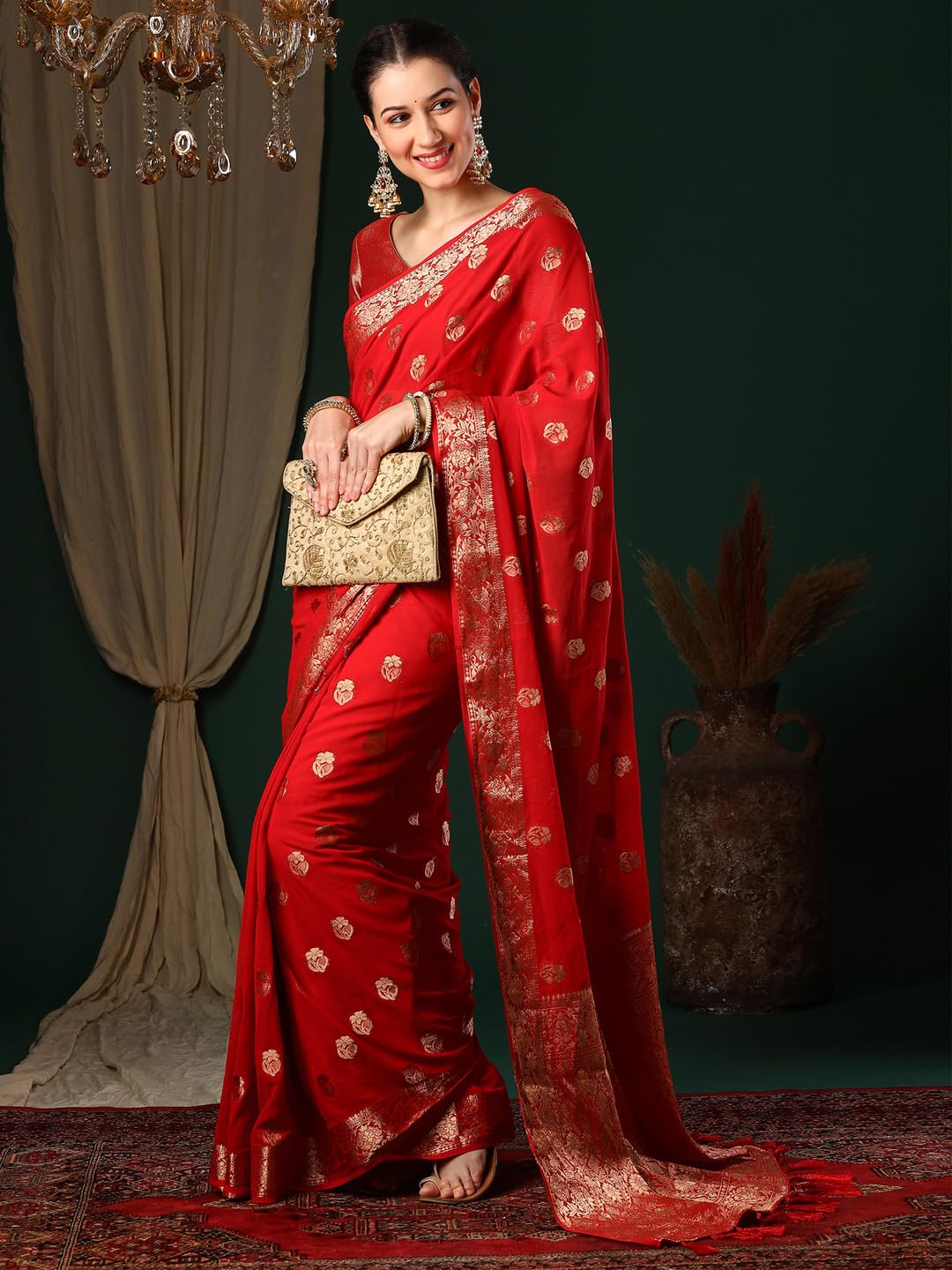 Red Georgette Ethnic Motif Saree
