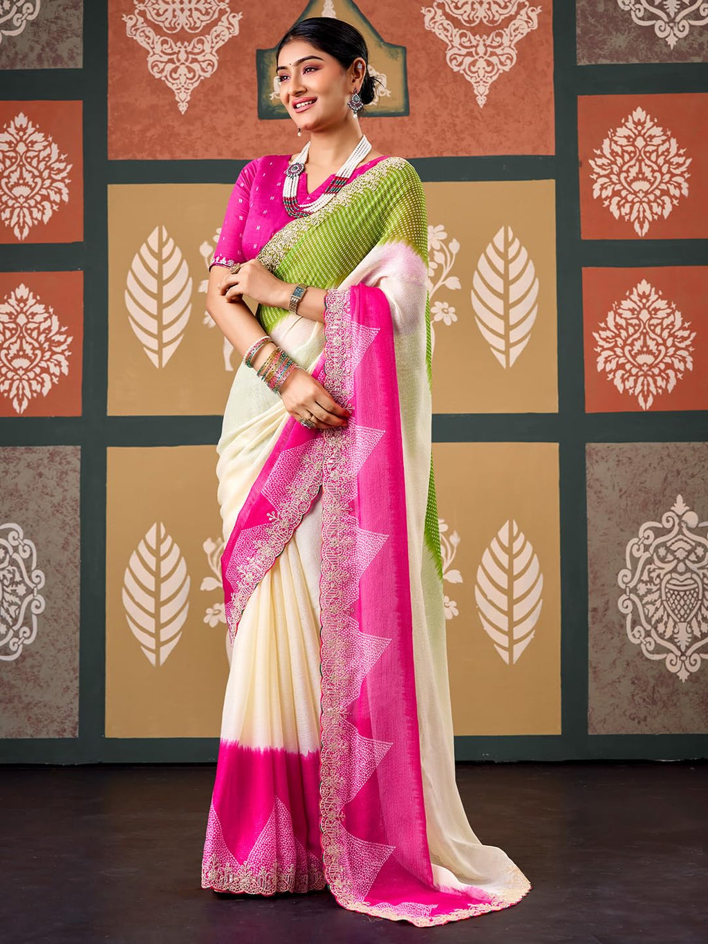 Cream Chiffon Striped Saree