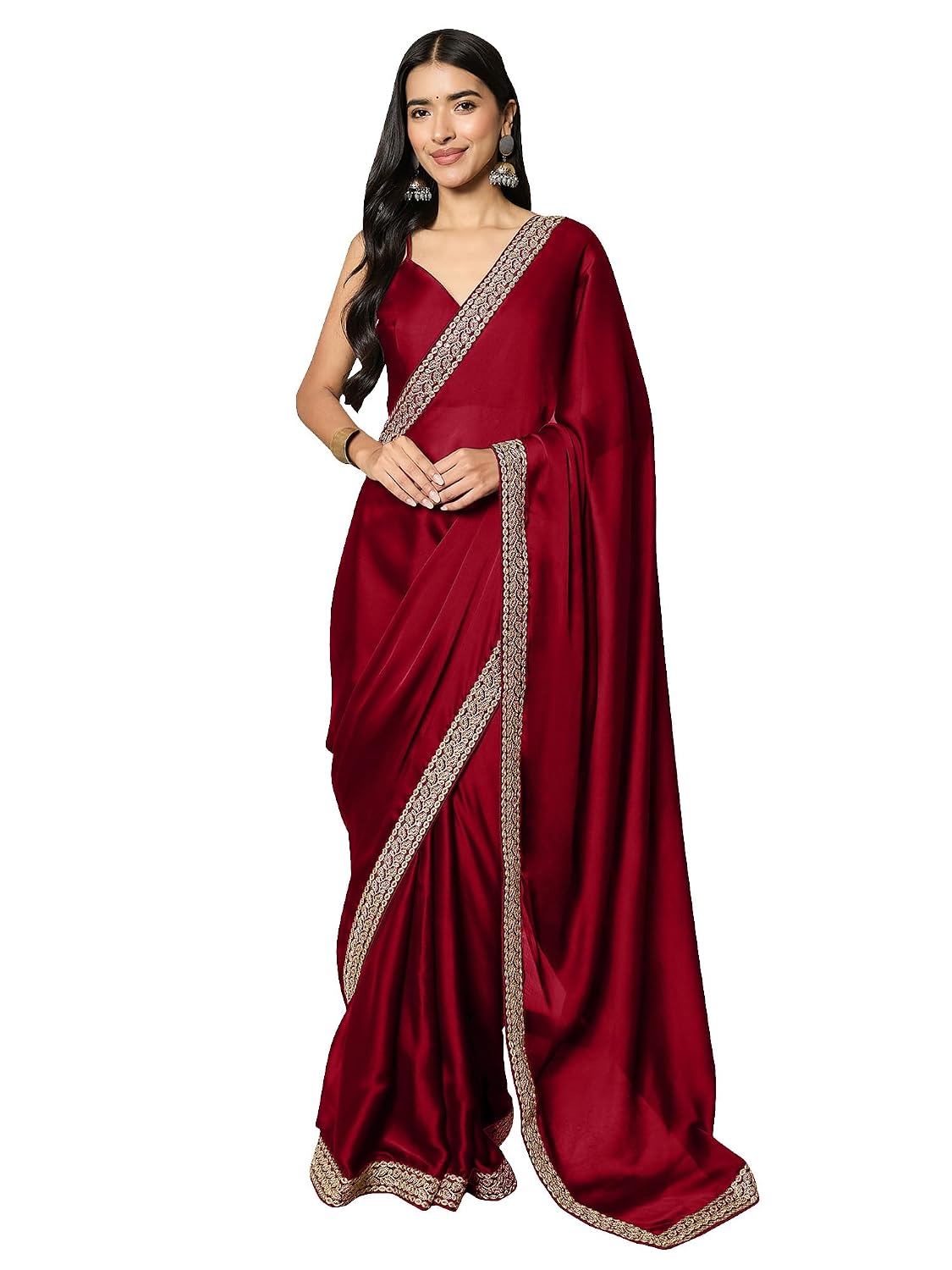 Black Satin Solid Saree - Maroon
