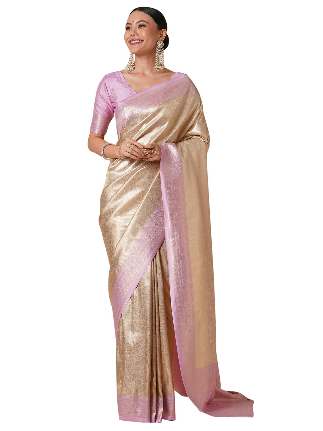 Olive Silk Stars Saree - Cream 2