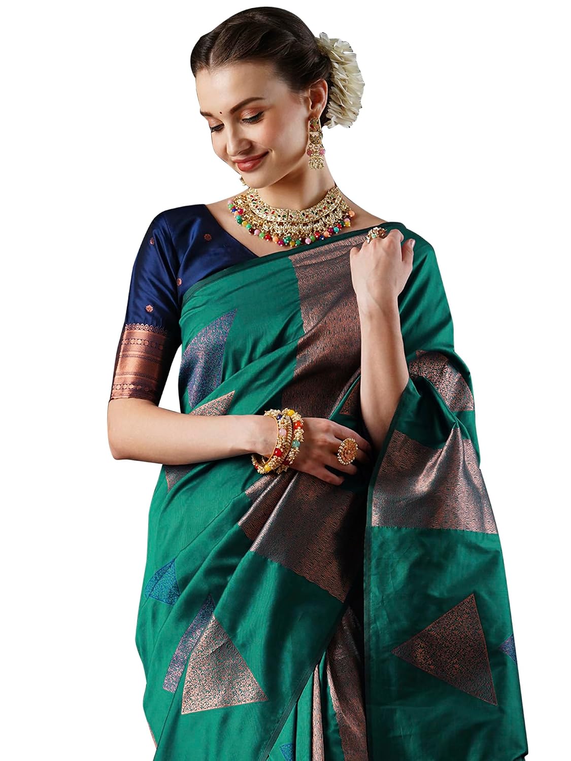 Green Silk Checkered Saree - Teal Blue