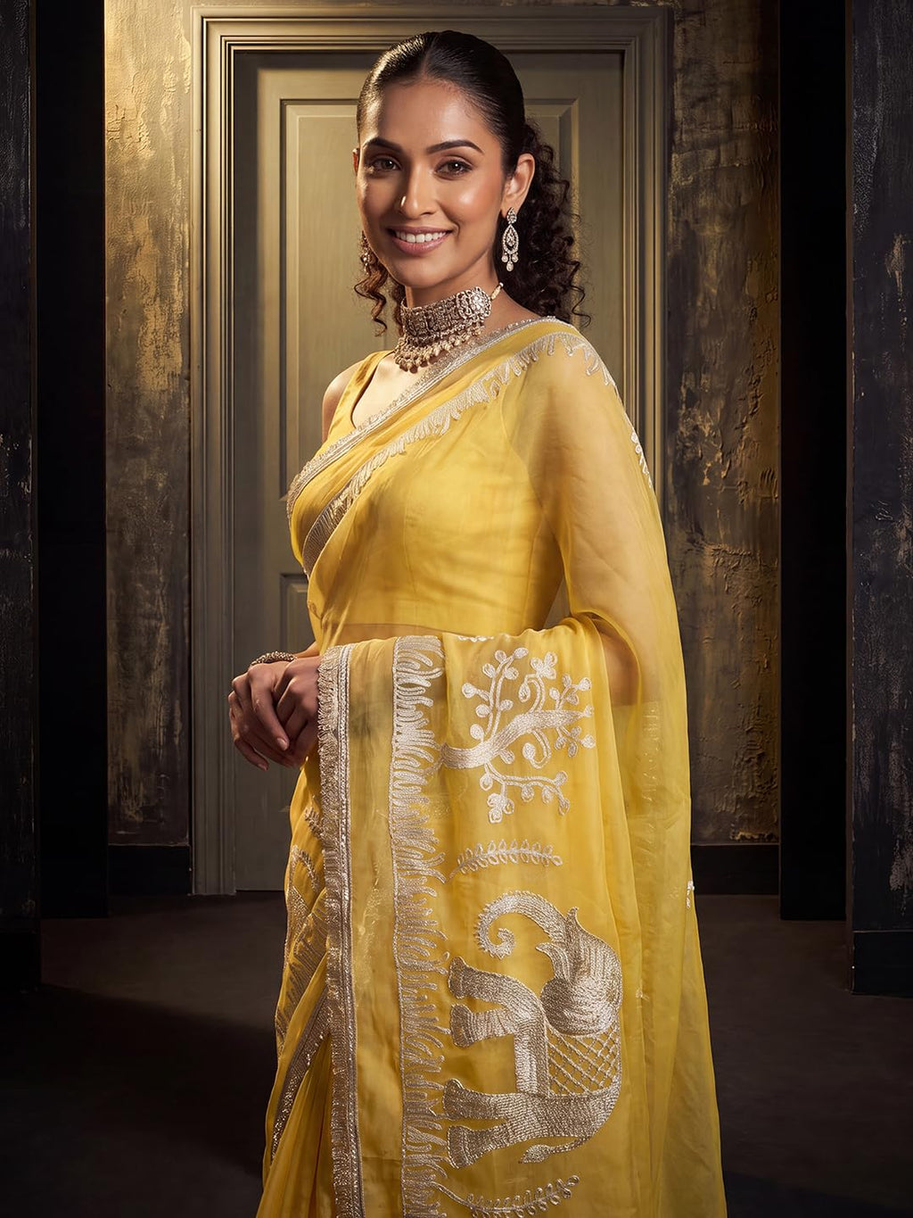 Yellow Georgette Striped Saree
