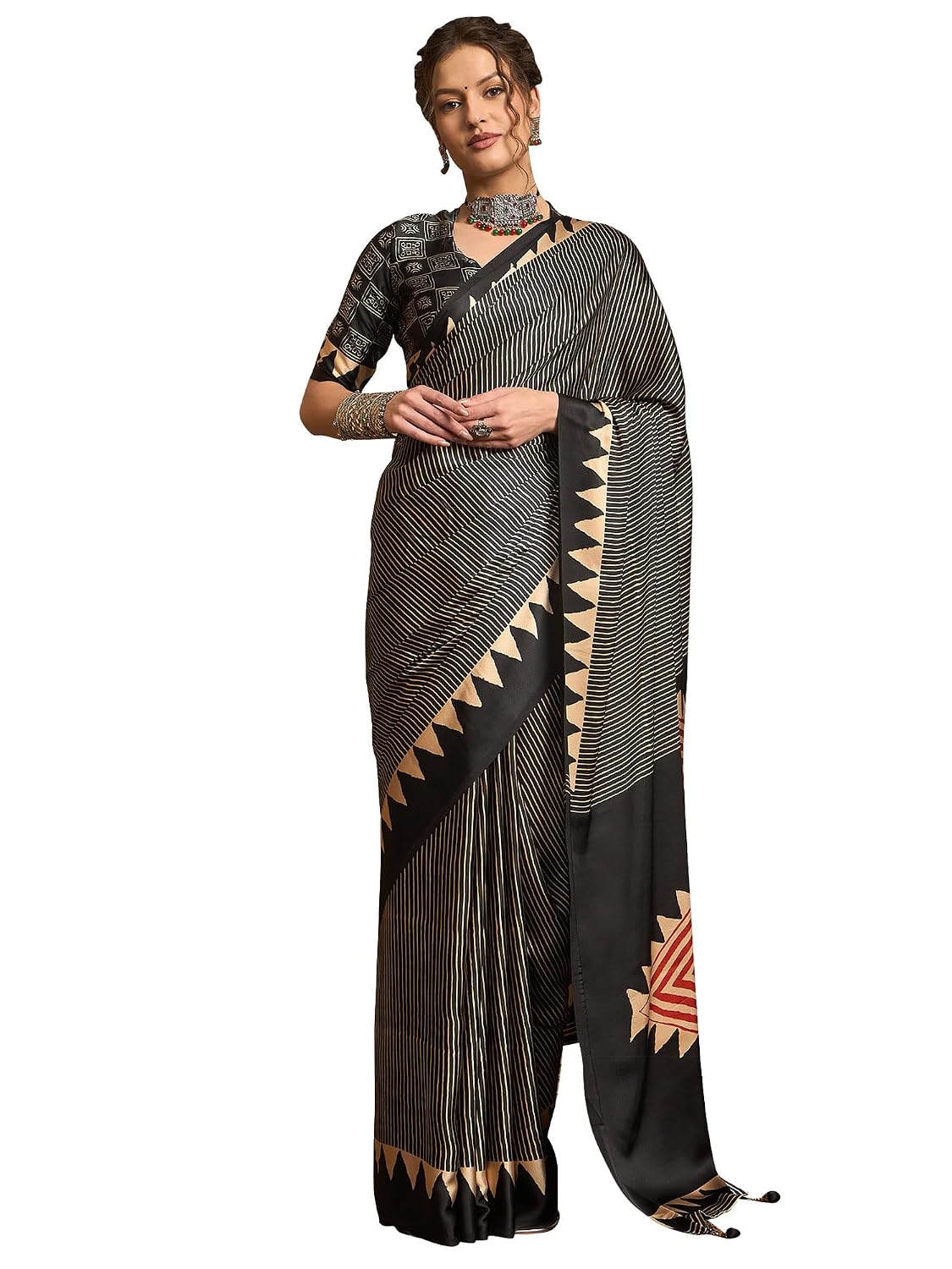 Maroon Crepe Striped Saree - Black
