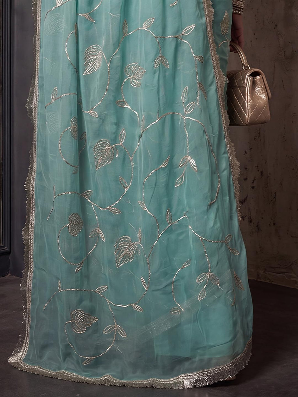 Light Blue Georgette Striped Saree