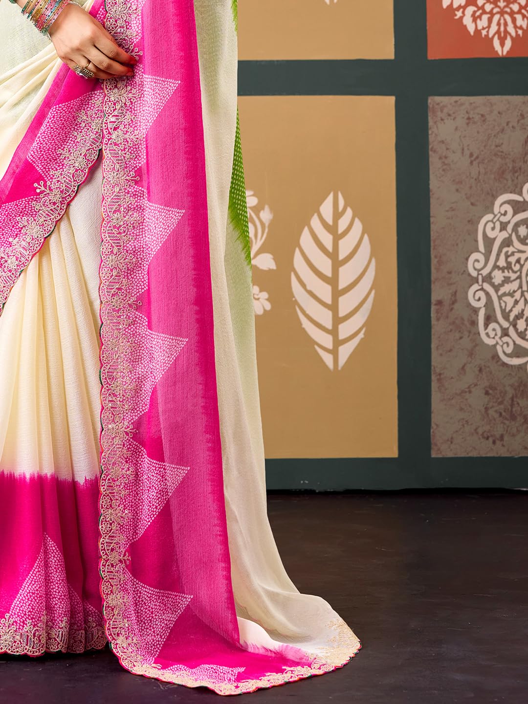 Cream Chiffon Striped Saree