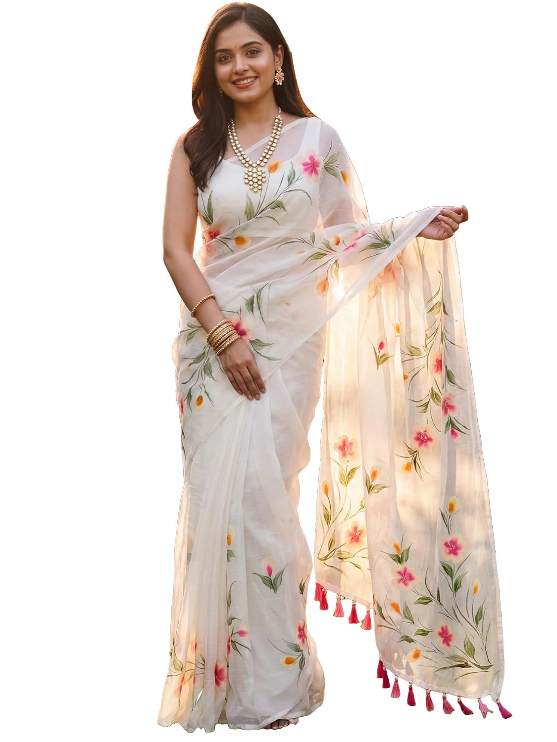 White Chiffon Floral Saree - White 2