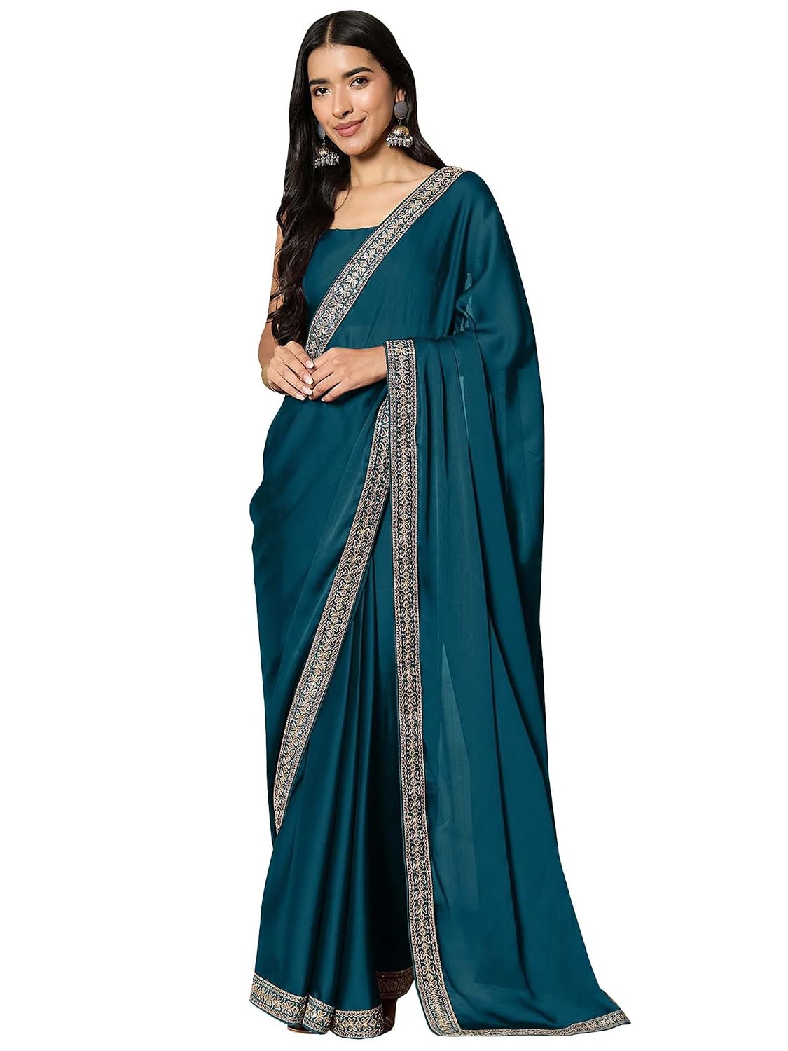 Black Satin Solid Saree - Teal Blue