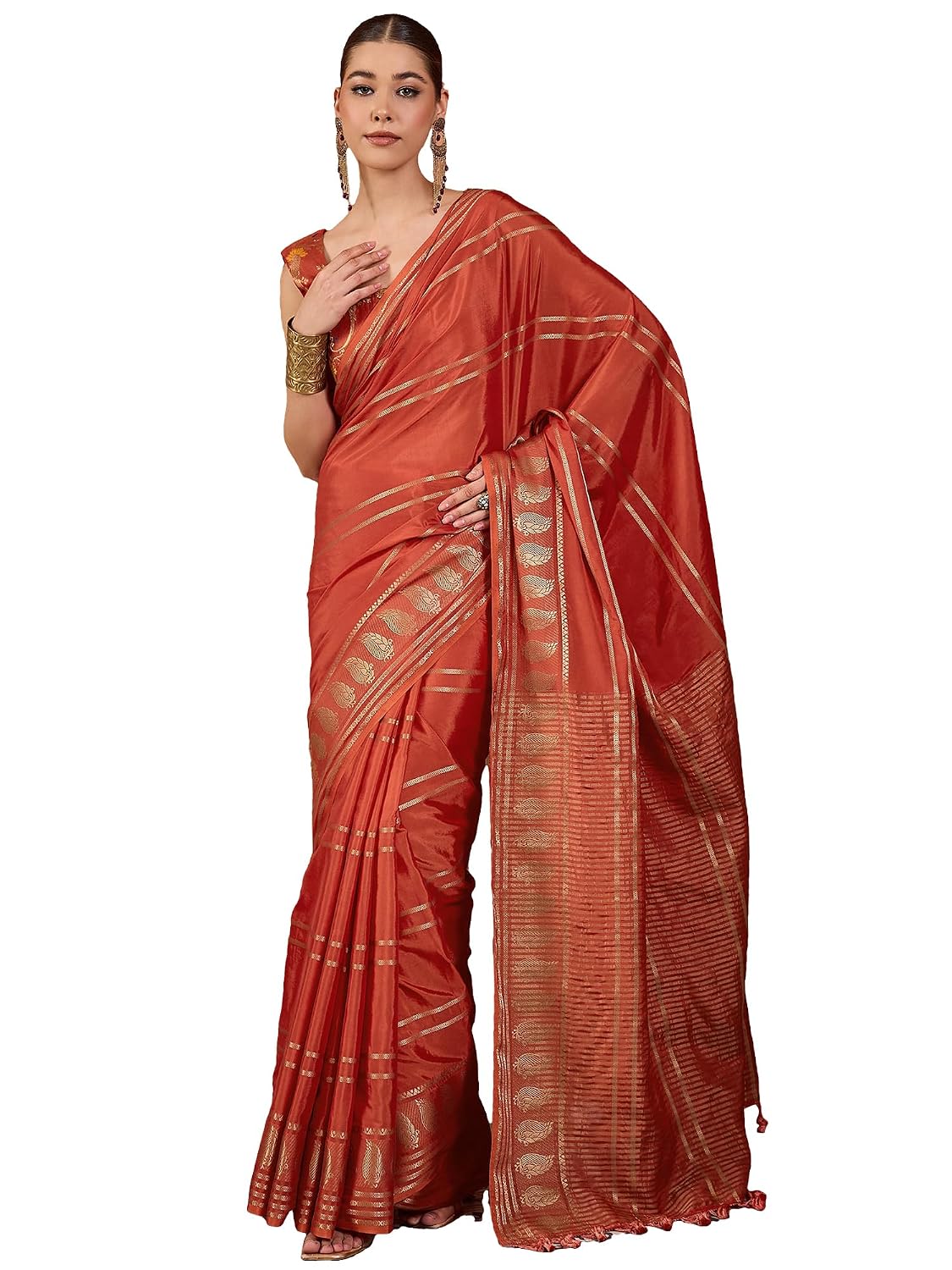 Maroon Cotton Paisley Saree - Red
