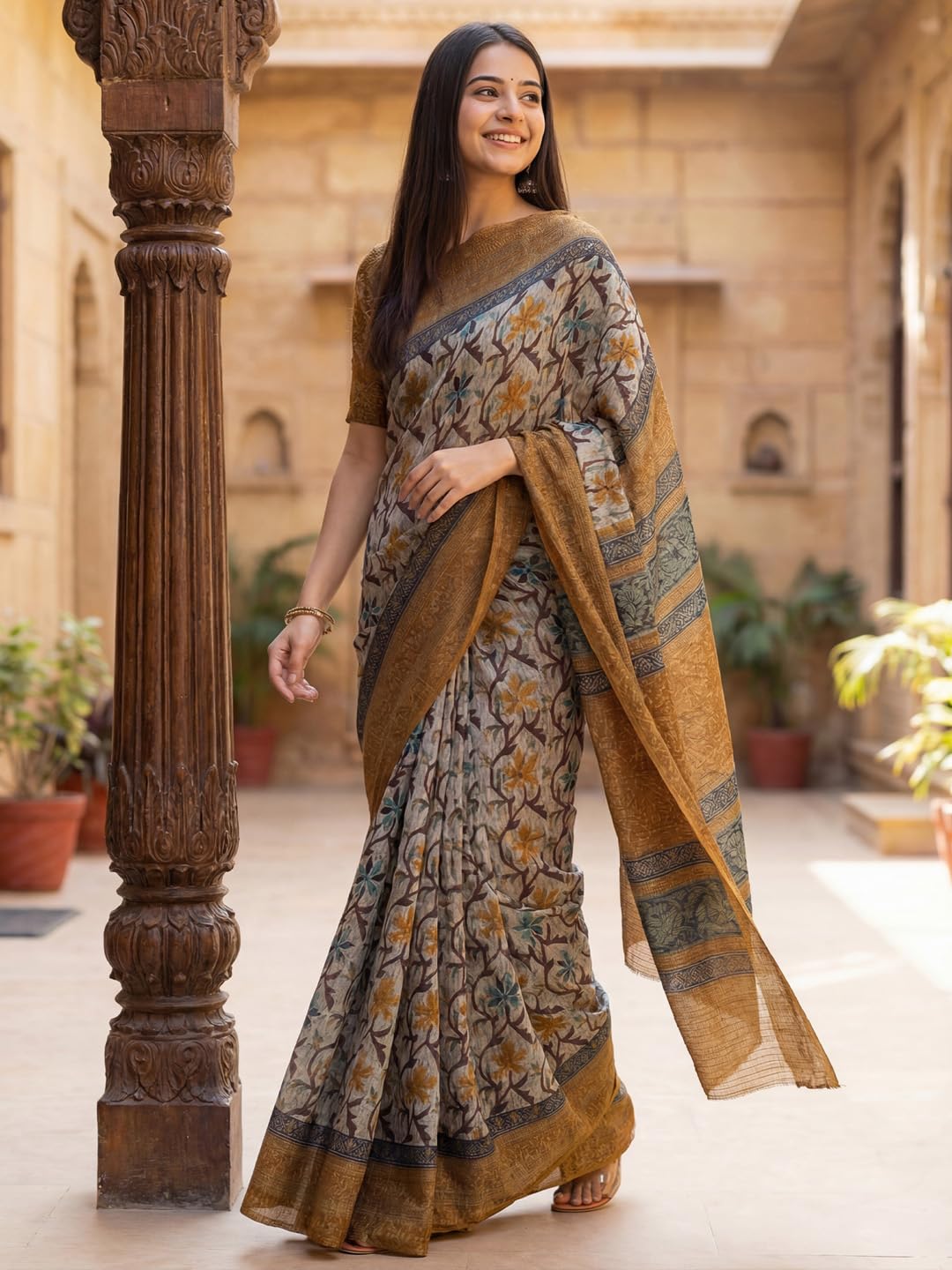 Grey Silk Blend Floral Saree