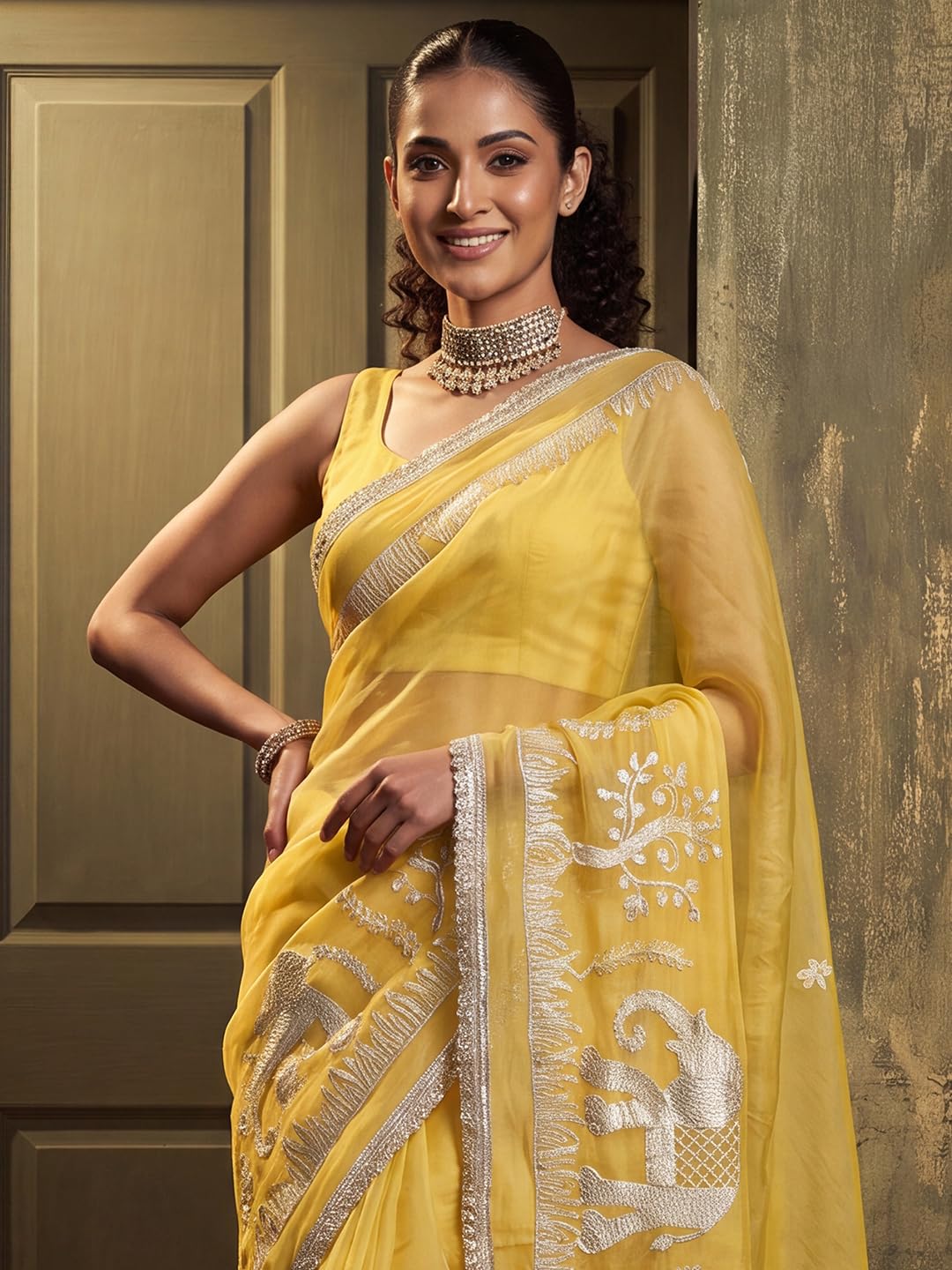 Yellow Georgette Striped Saree