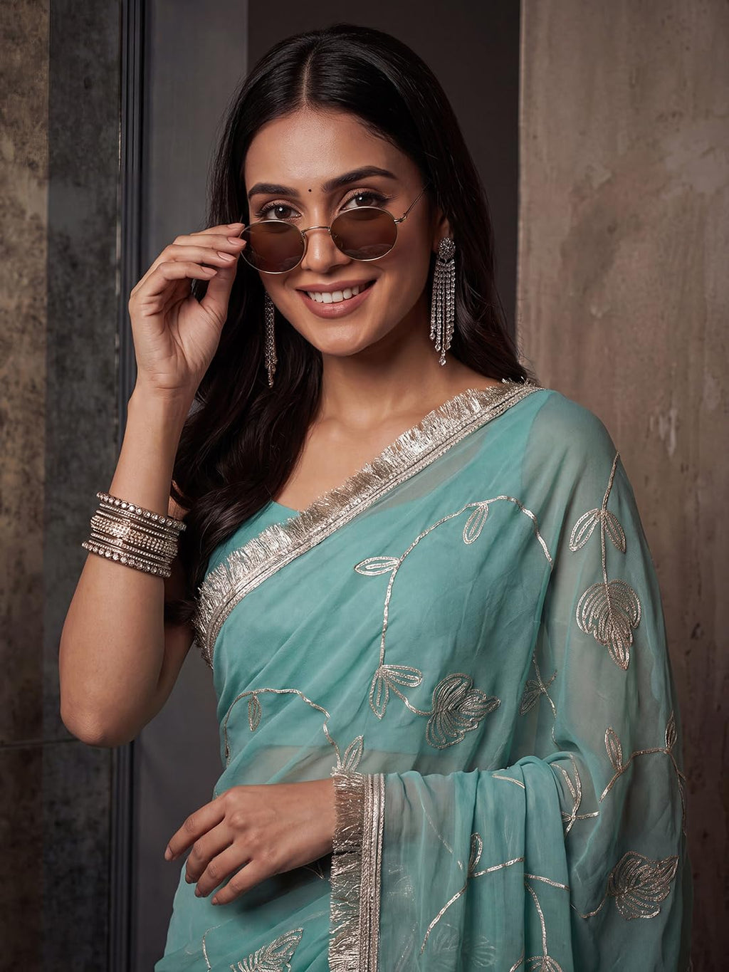 Light Blue Georgette Striped Saree