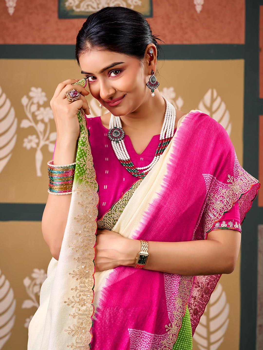 Cream Chiffon Striped Saree